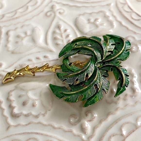 Palm Tree Green Gold Textured Brooch Ocean Caribbean Beach Vaca Cruise Holiday - Picture 9 of 16